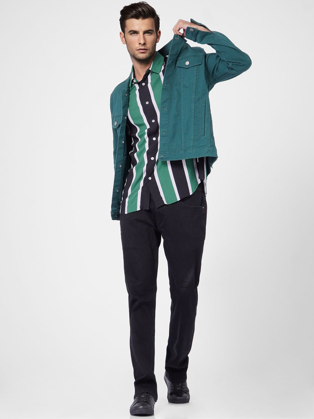 Green Striped Short Sleeves Shirt - S