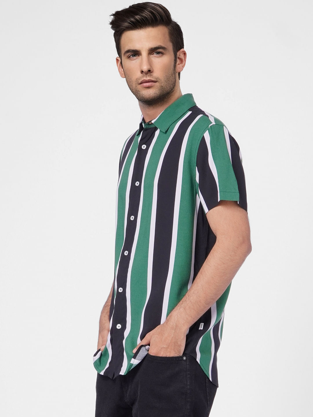 Green Striped Short Sleeves Shirt