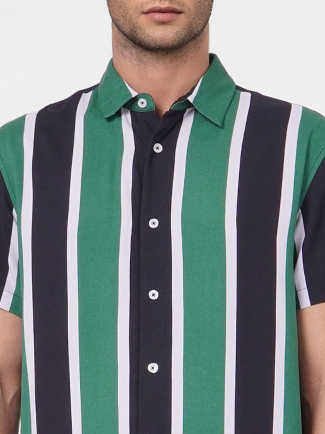 Green Striped Short Sleeves Shirt