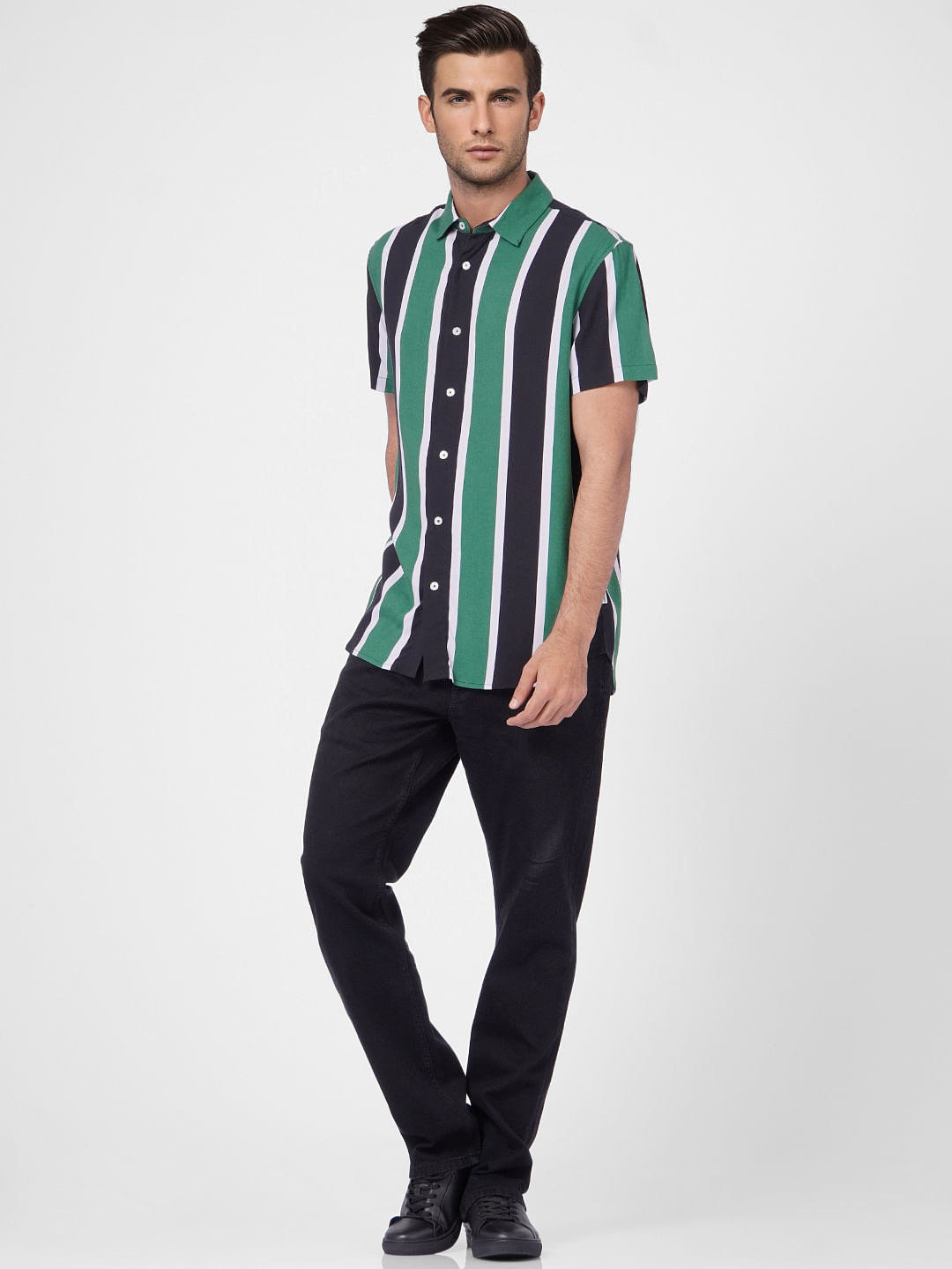 Green Striped Short Sleeves Shirt