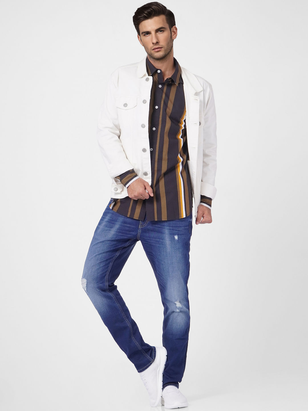Dark Green Striped Full Sleeves Shirt - S