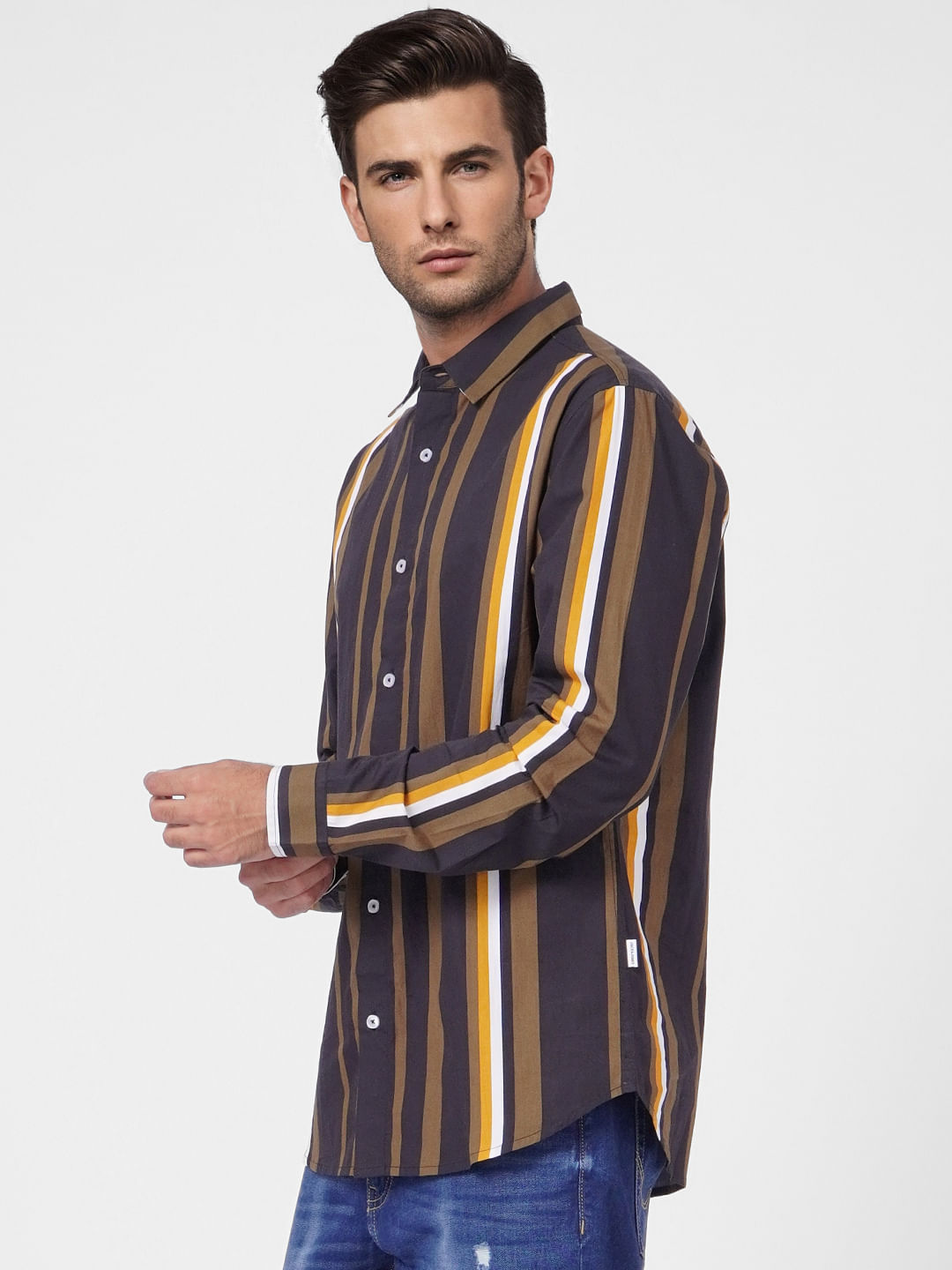 Dark Green Striped Full Sleeves Shirt