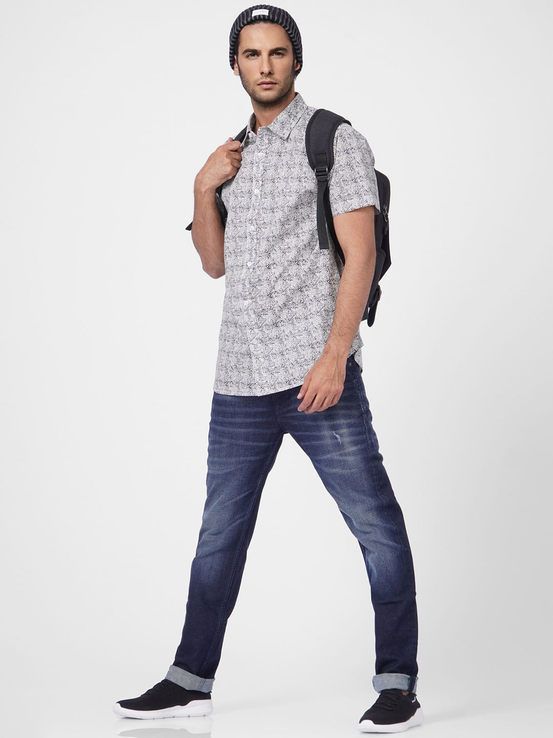 Grey Printed Short Sleeves Shirt - S