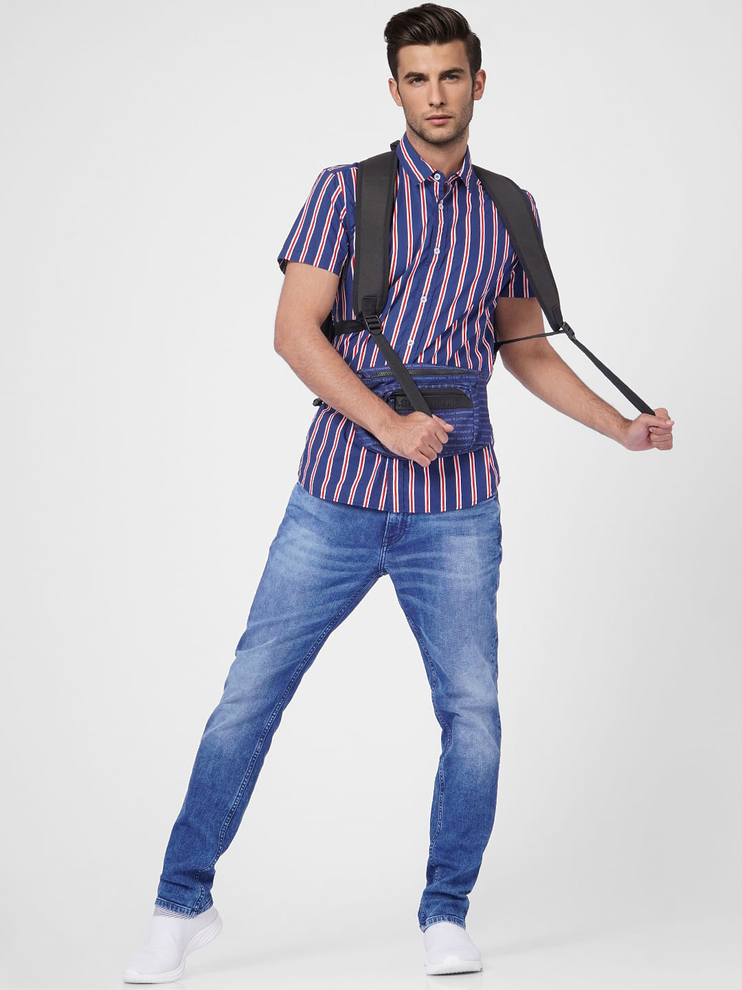 Blue Striped Short Sleeves Shirt - S