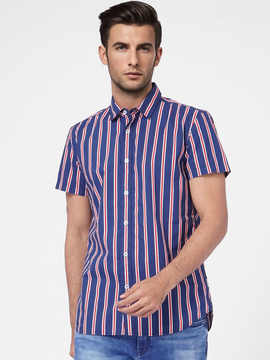Blue Striped Short Sleeves Shirt