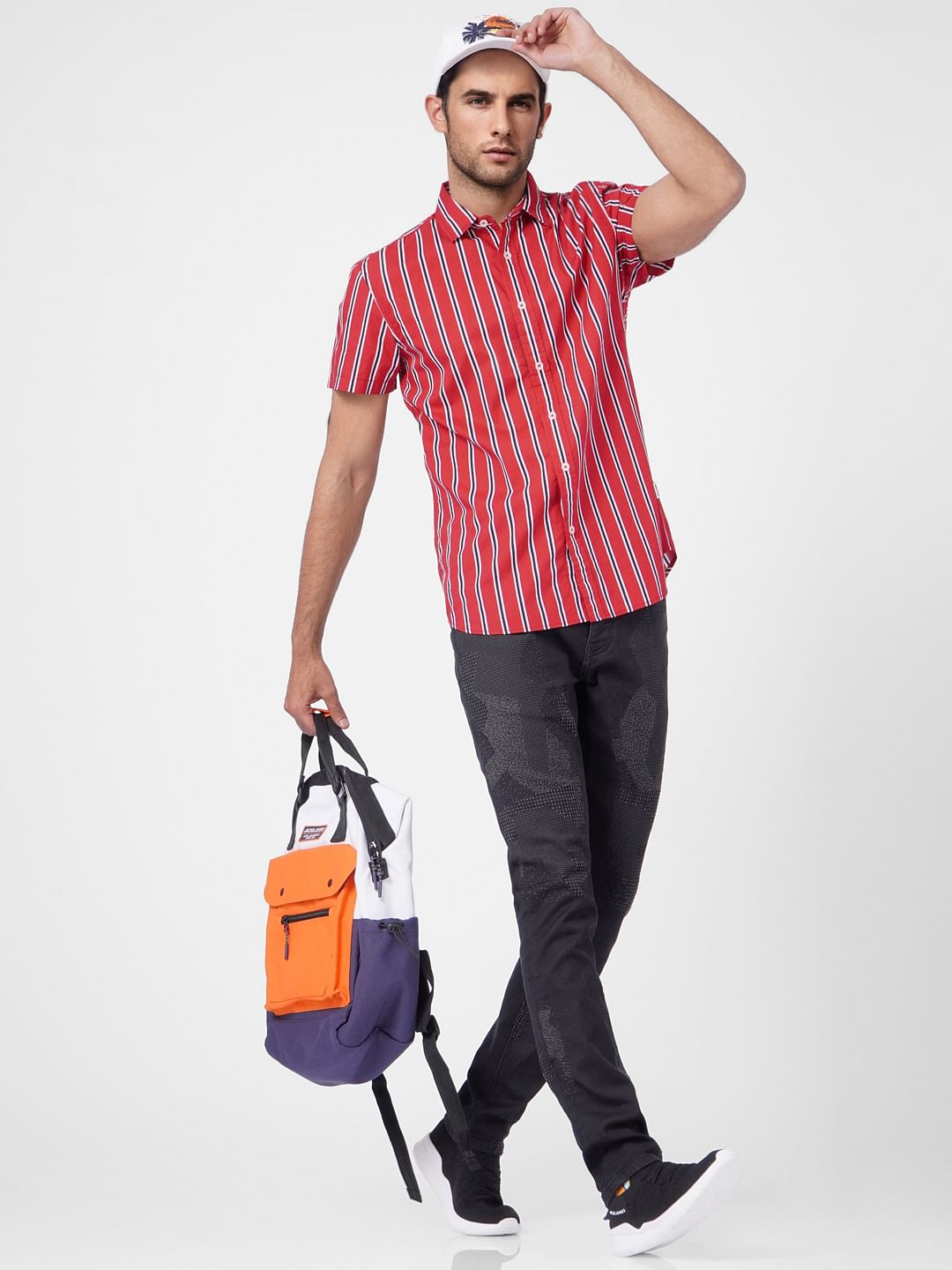 Red Striped Short Sleeves Shirt - S