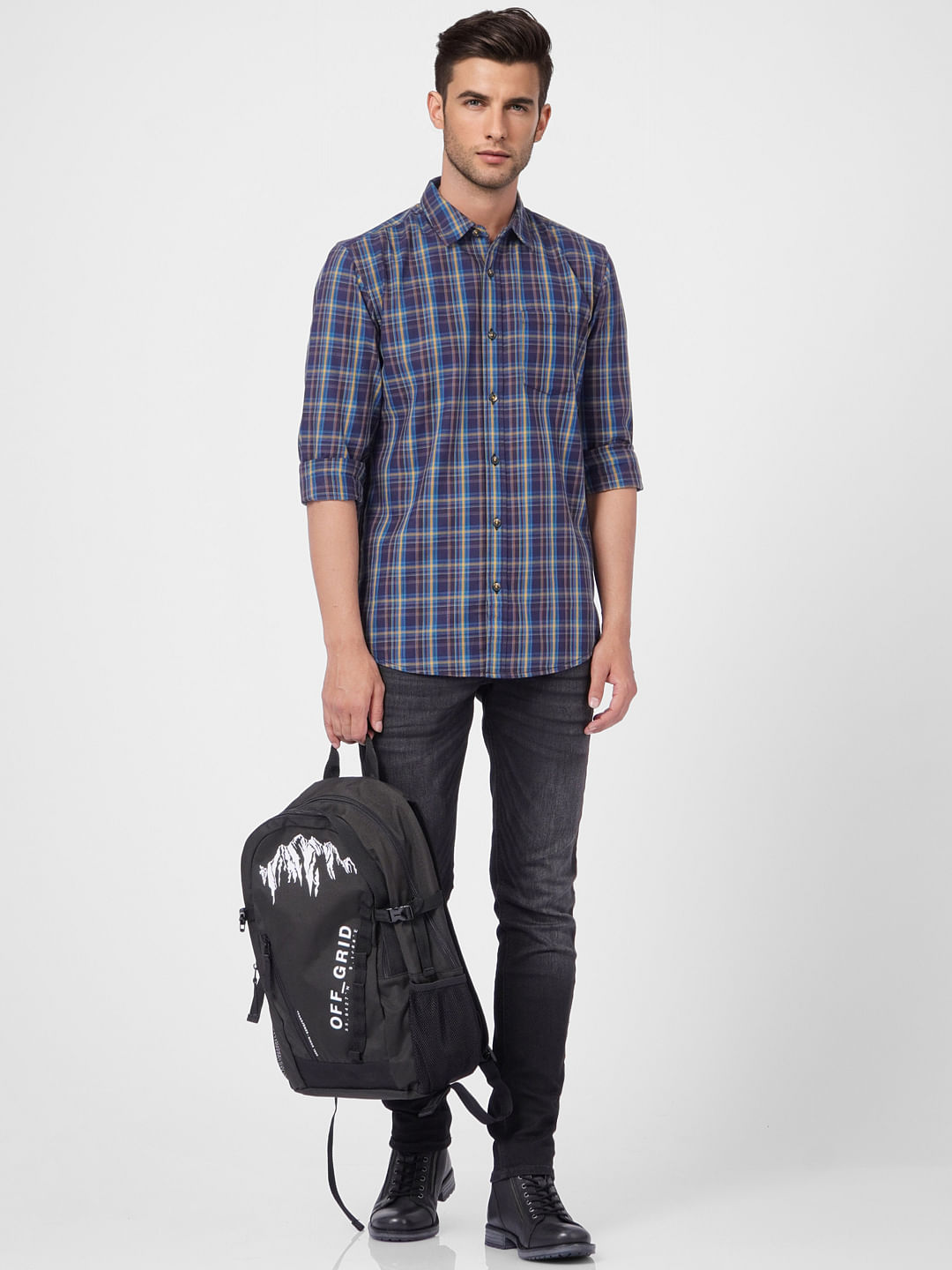 Navy Blue Check Full Sleeves Shirt - S