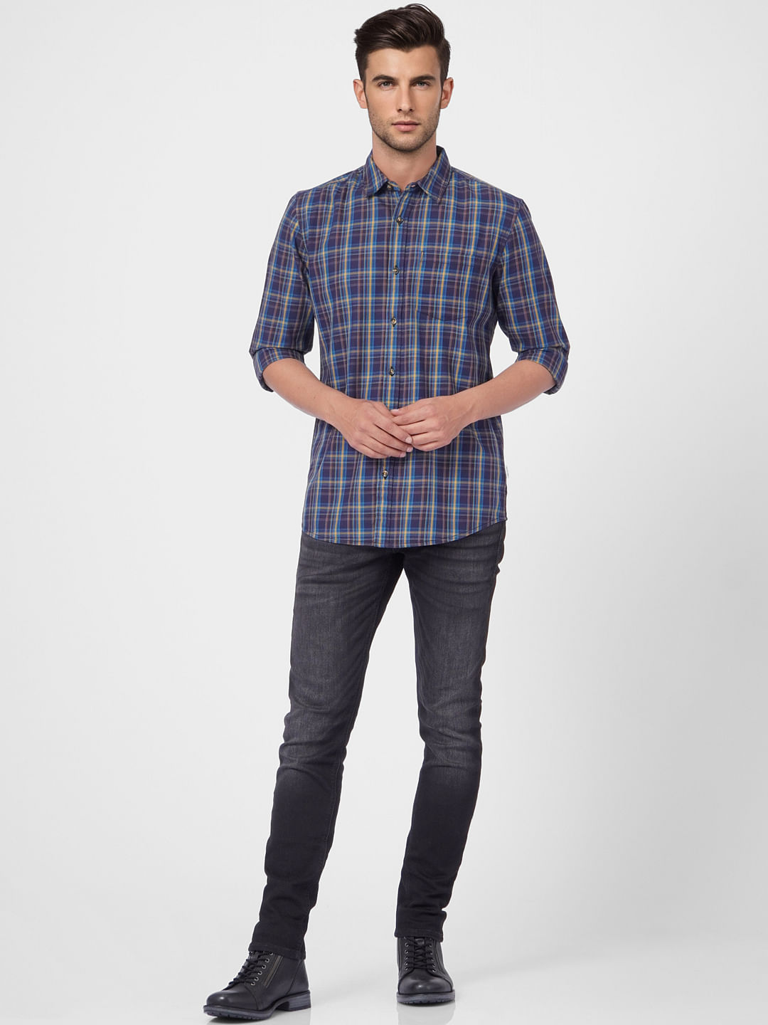 Navy Blue Check Full Sleeves Shirt