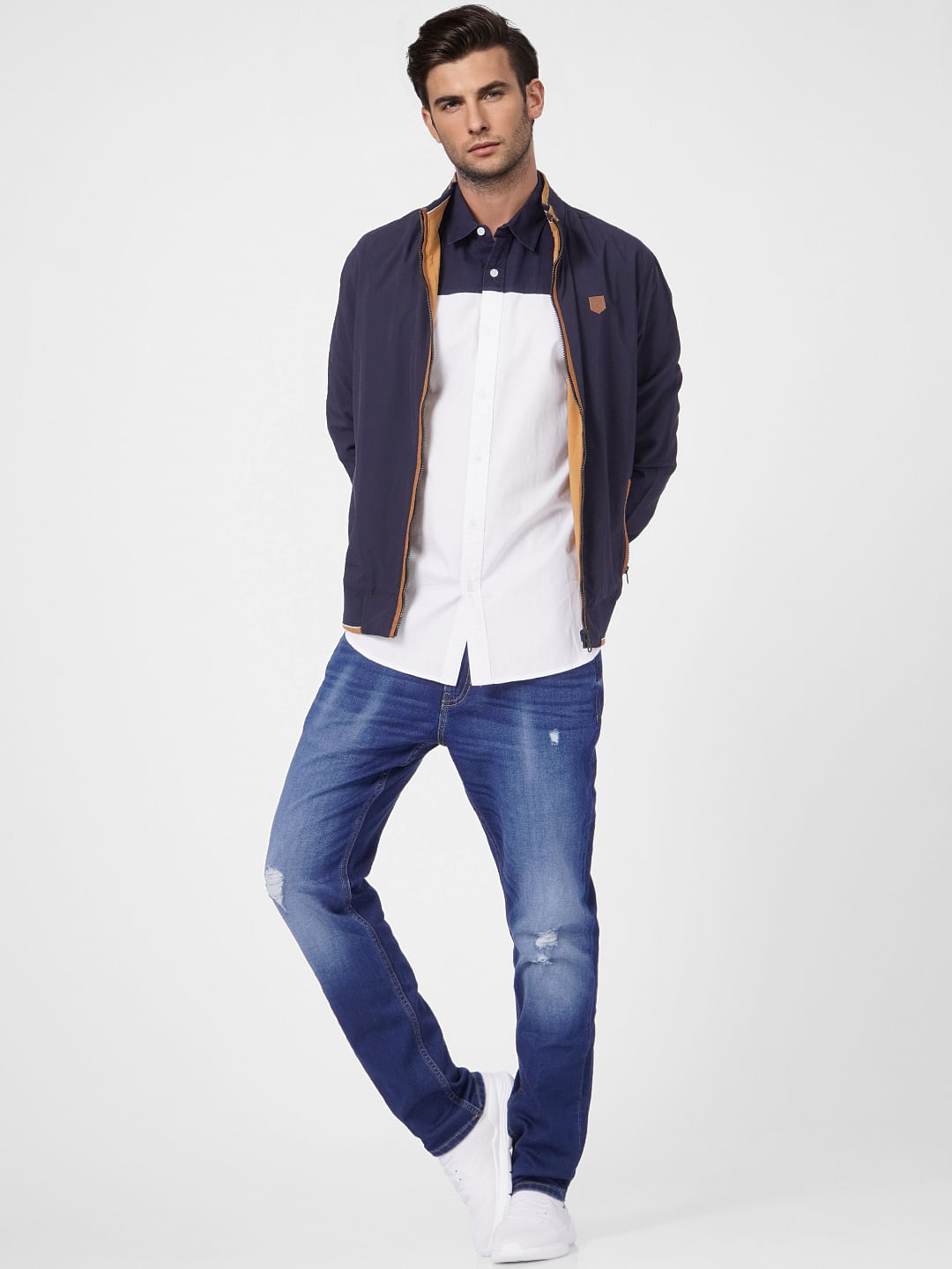 White Colourblocked Full Sleeves Shirt