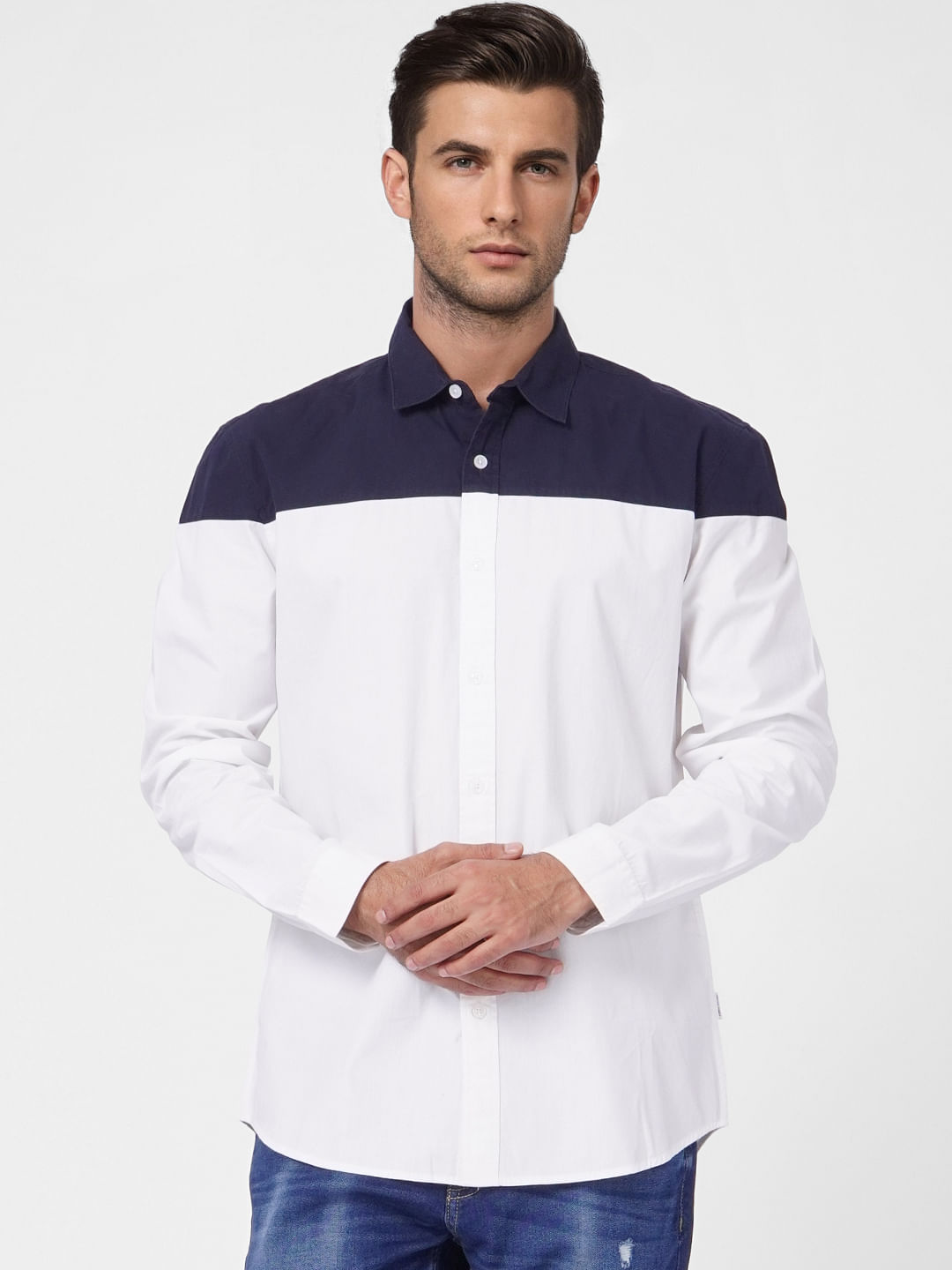 White Colourblocked Full Sleeves Shirt