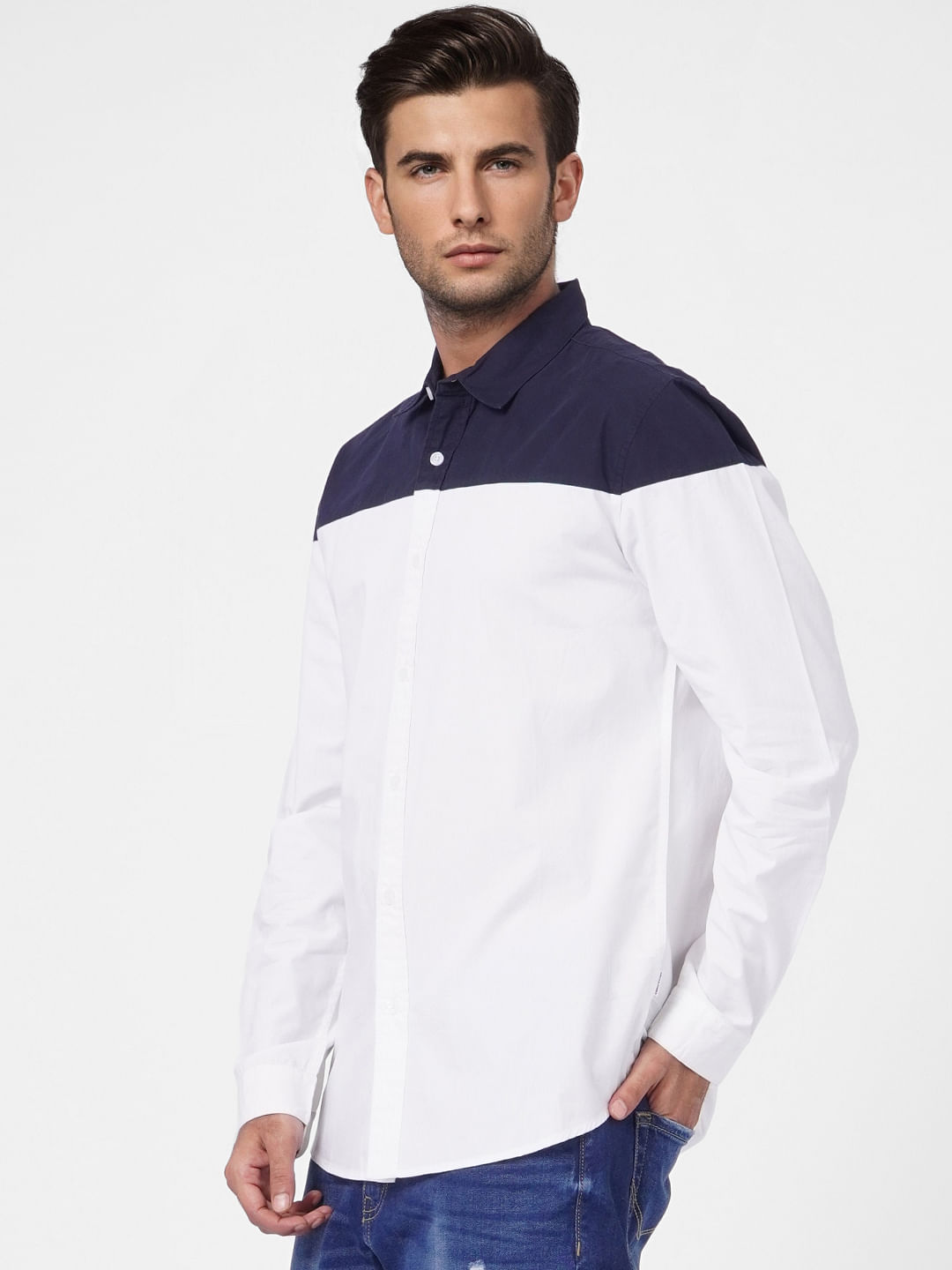 White Colourblocked Full Sleeves Shirt