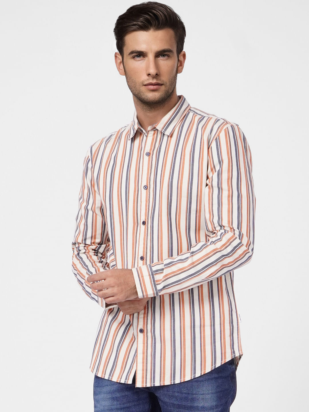 Beige Striped Full Sleeves Shirt
