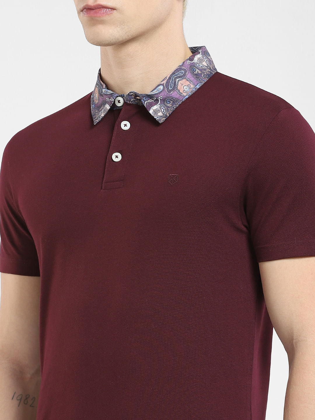 Burgundy Floral Collar Polo T-shirt