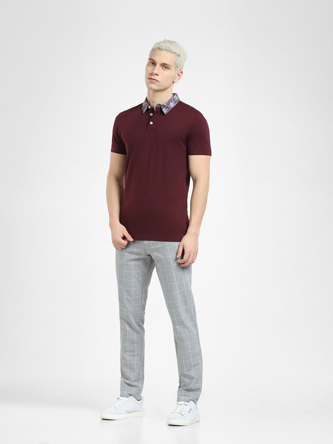 Burgundy Floral Collar Polo T-shirt