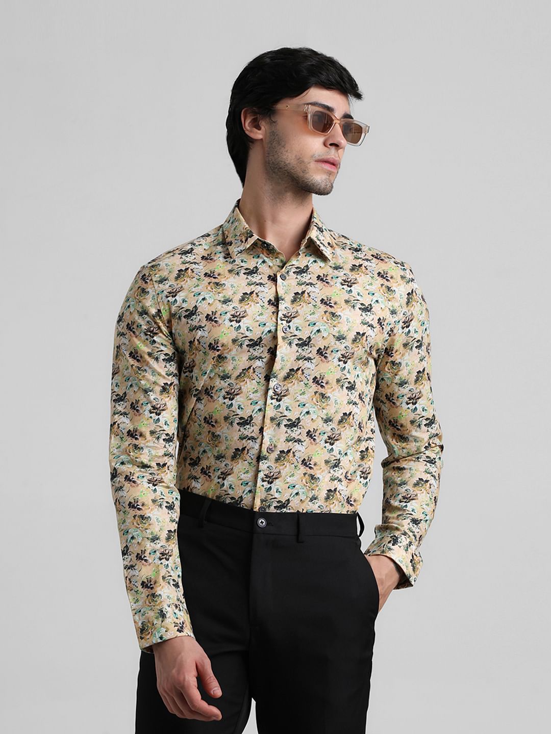 Yellow Floral Full Sleeves Shirt - M