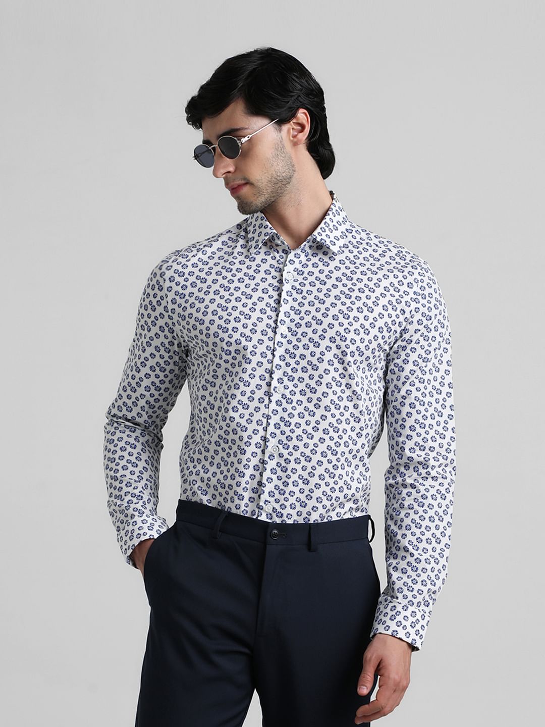 White Floral Full Sleeves Shirt - S