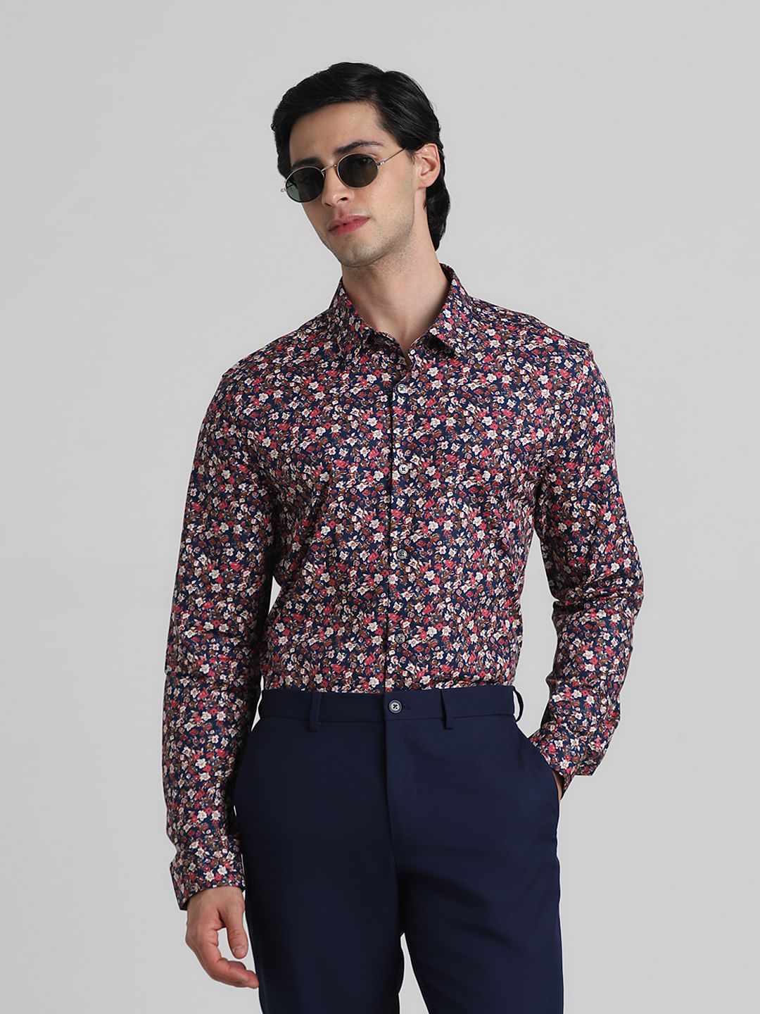 Blue Floral Print Full Sleeves Shirt - S