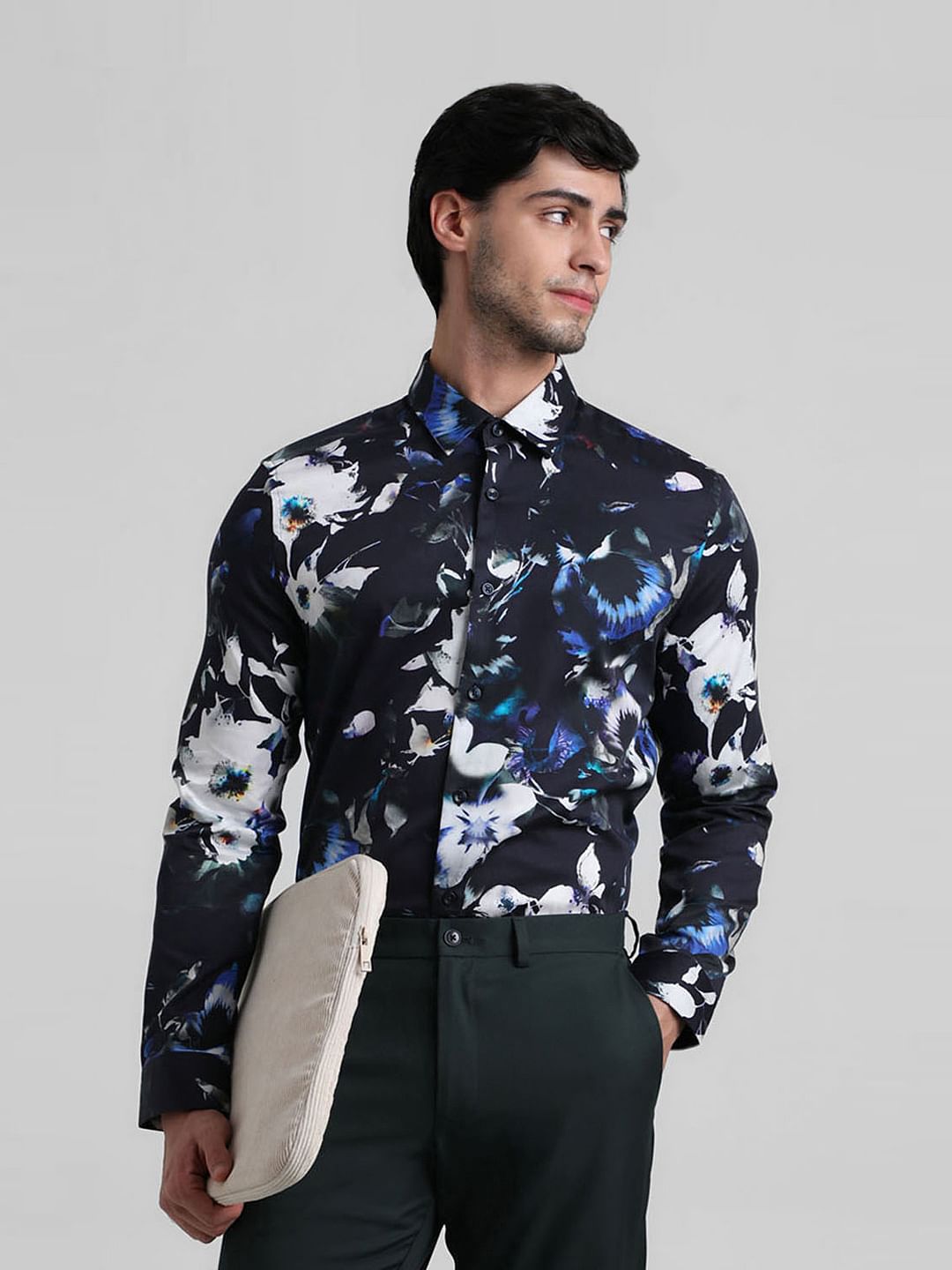 Black Floral Print Full Sleeves Shirt - L