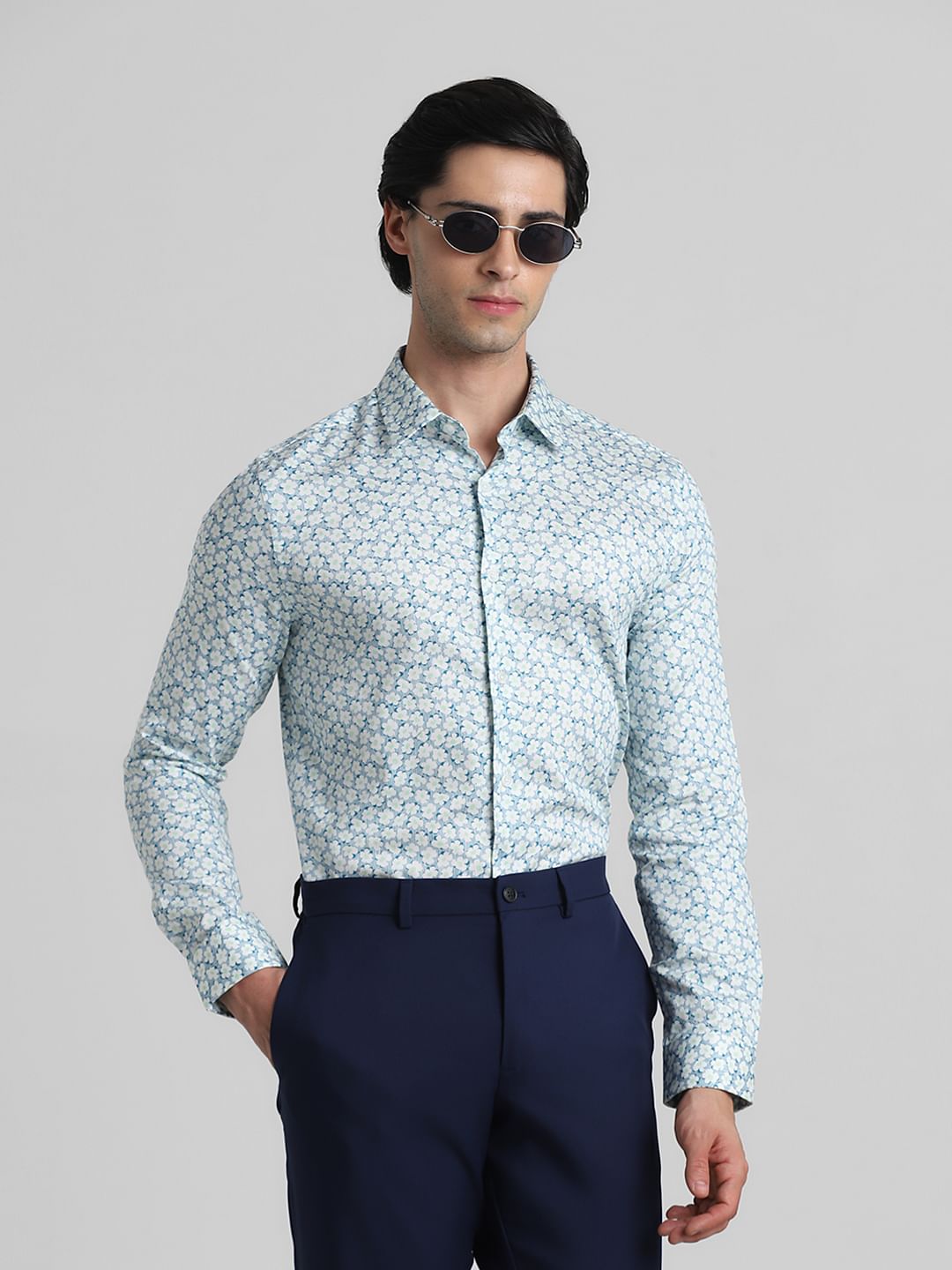 White & Blue Floral Full Sleeves Shirt - XXL