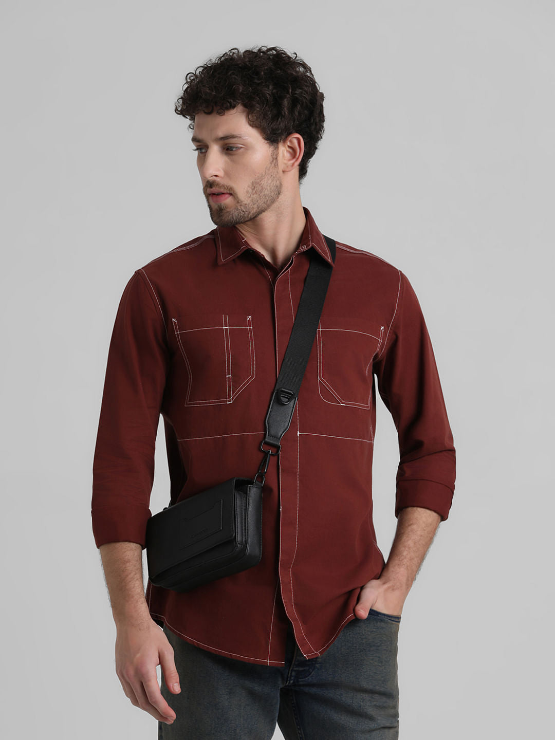 Rust Contrast Stitch Full Sleeve Shirt - S