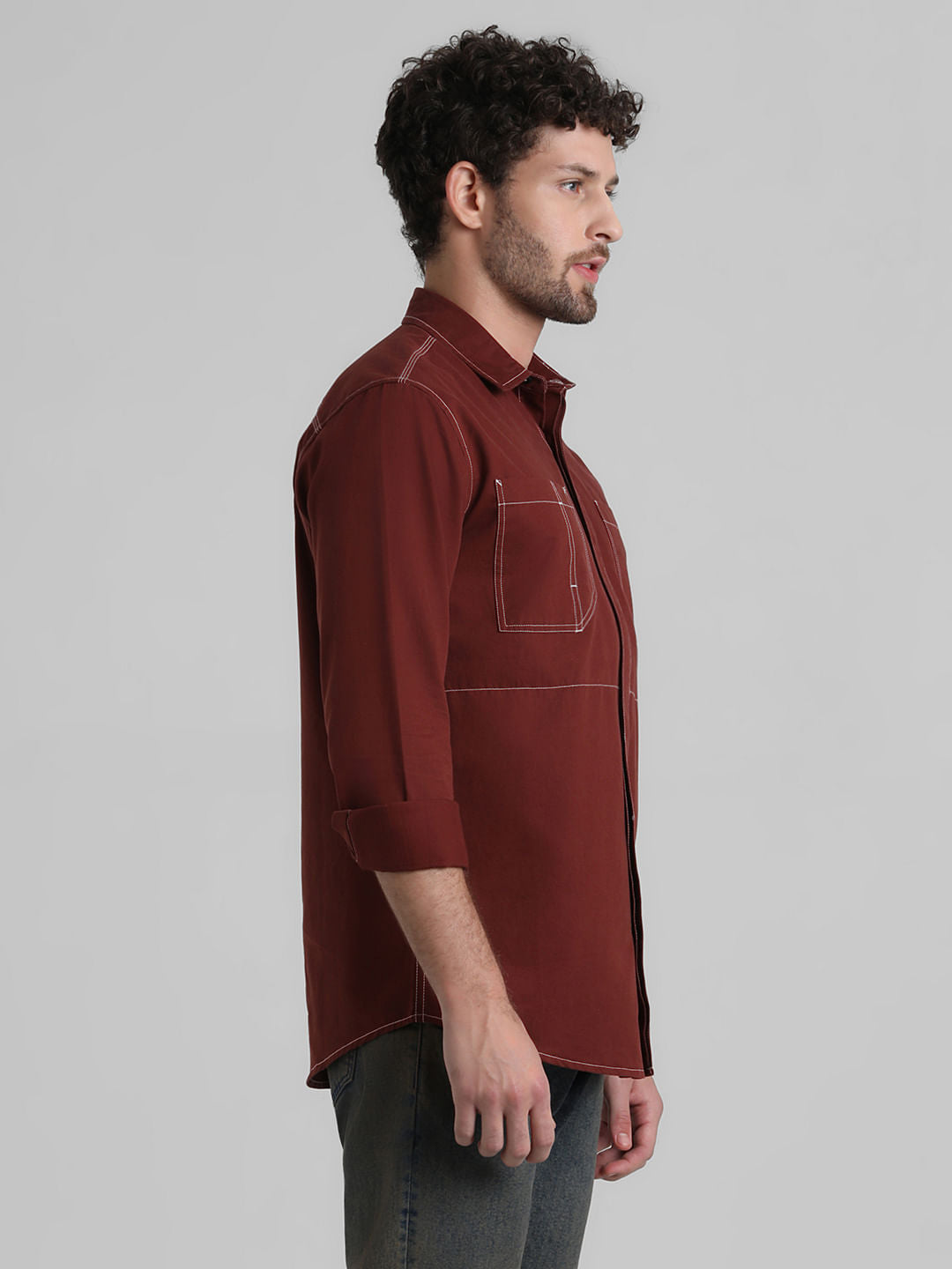 Rust Contrast Stitch Full Sleeve Shirt