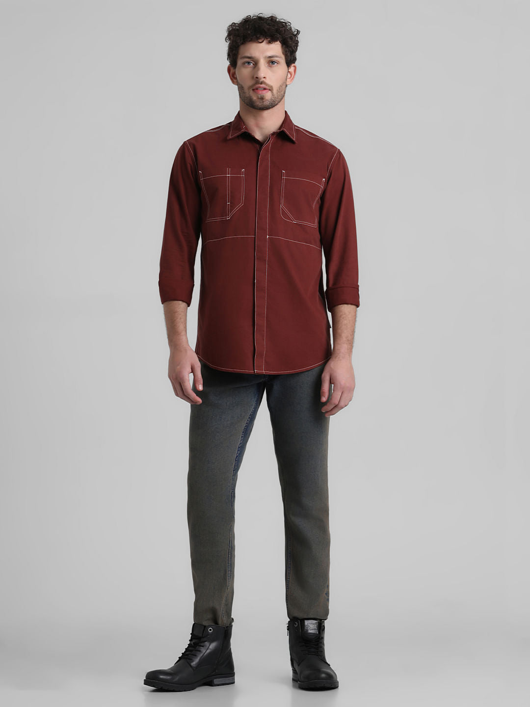 Rust Contrast Stitch Full Sleeve Shirt