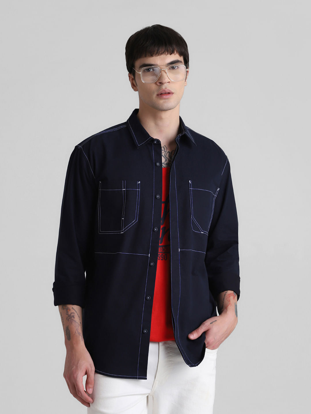 Blue Contrast Stitch Full Sleeves Shirt - S