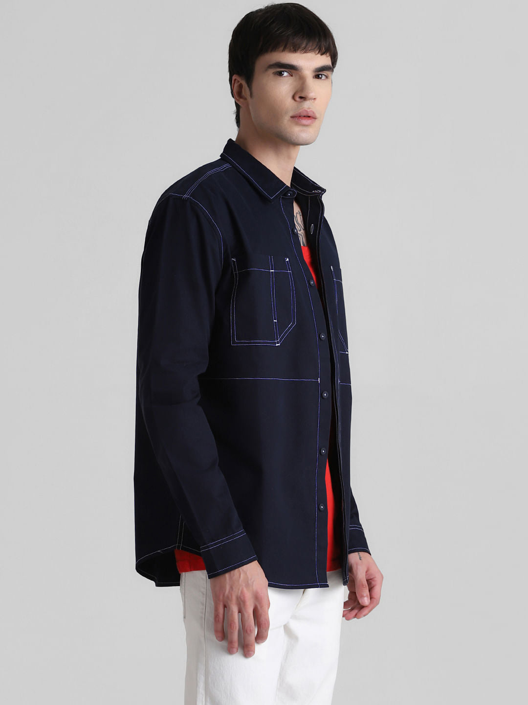 Blue Contrast Stitch Full Sleeves Shirt