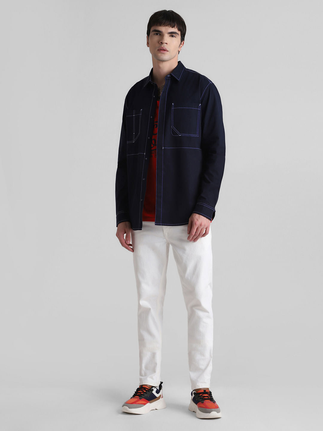 Blue Contrast Stitch Full Sleeves Shirt