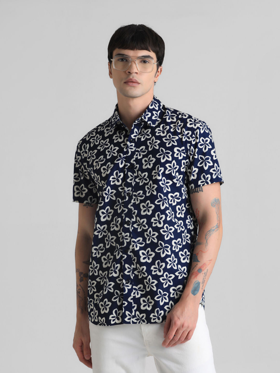 Dark Blue Floral Print Shirt - S