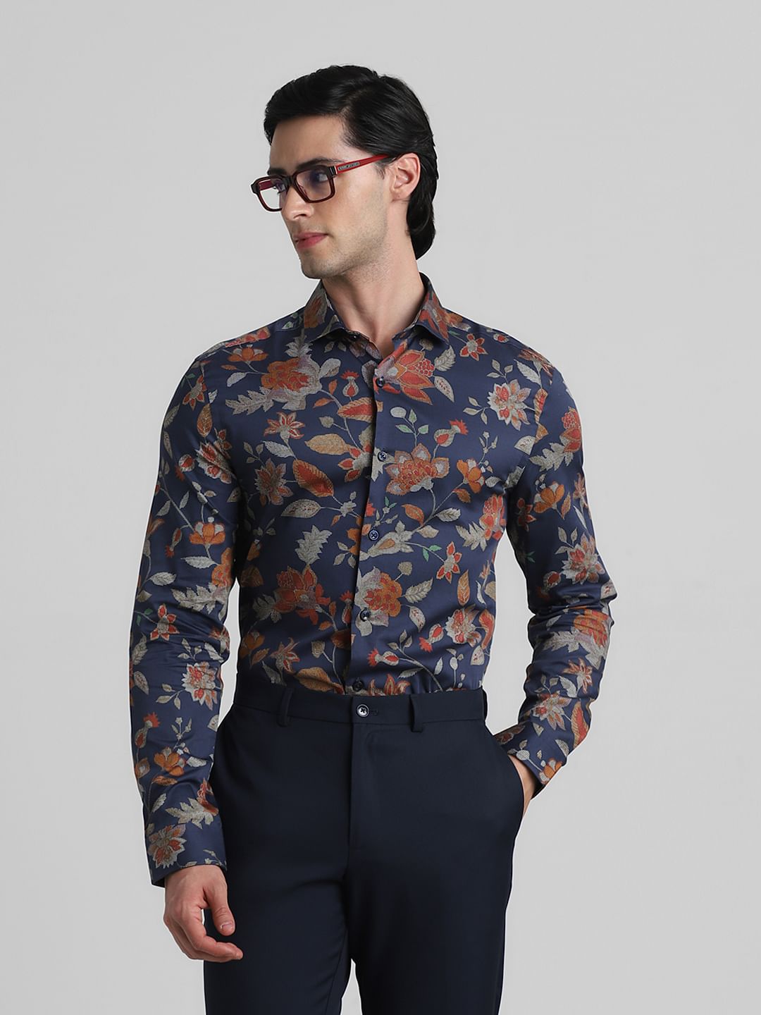 Blue Floral Print Full Sleeves Shirt - S
