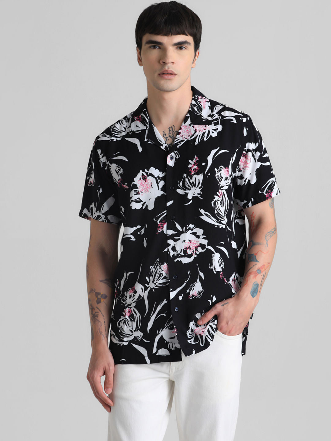 Black Floral Short Sleeves Shirt