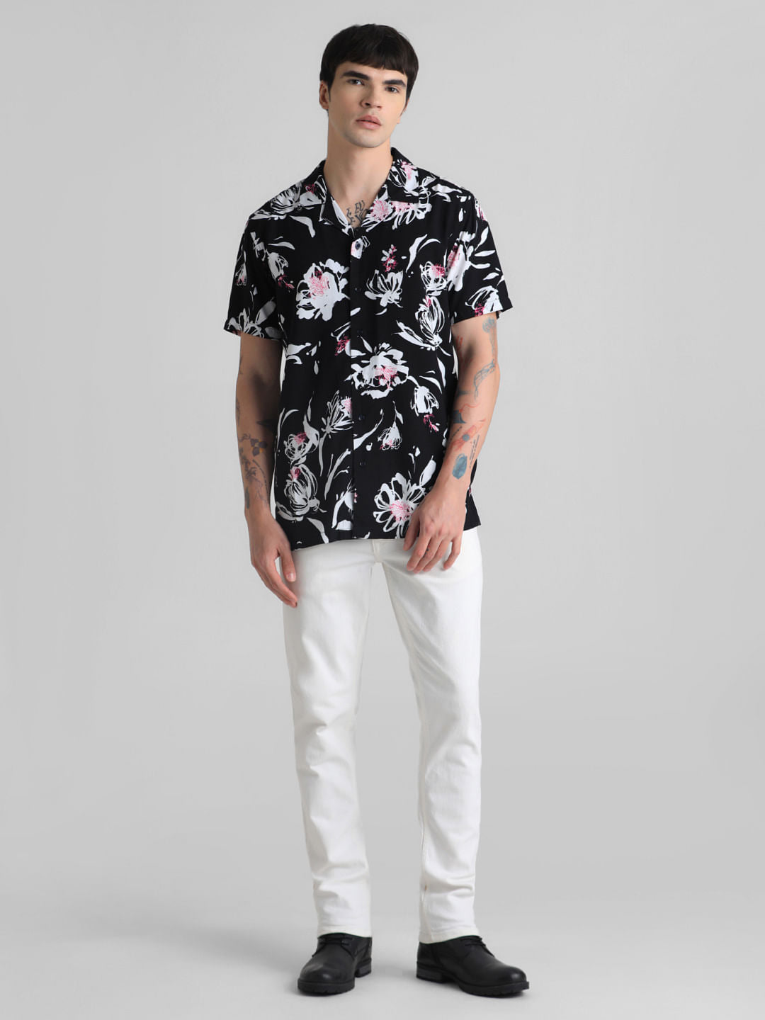 Black Floral Short Sleeves Shirt