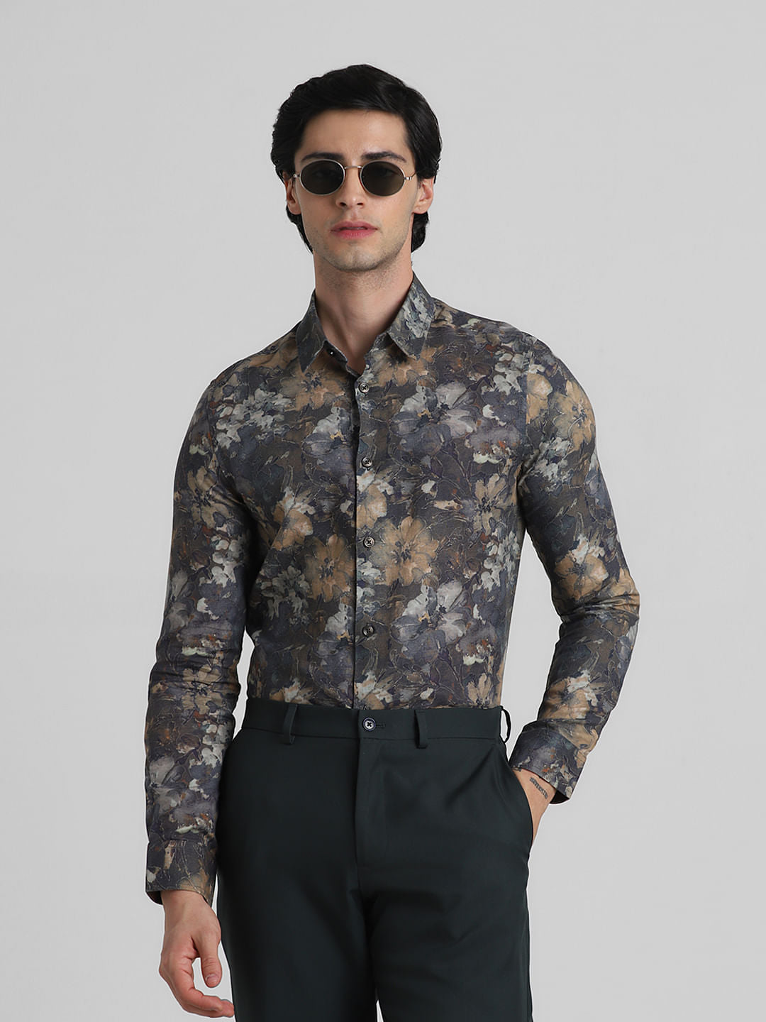 Brown Floral Full Sleeves Shirt - S