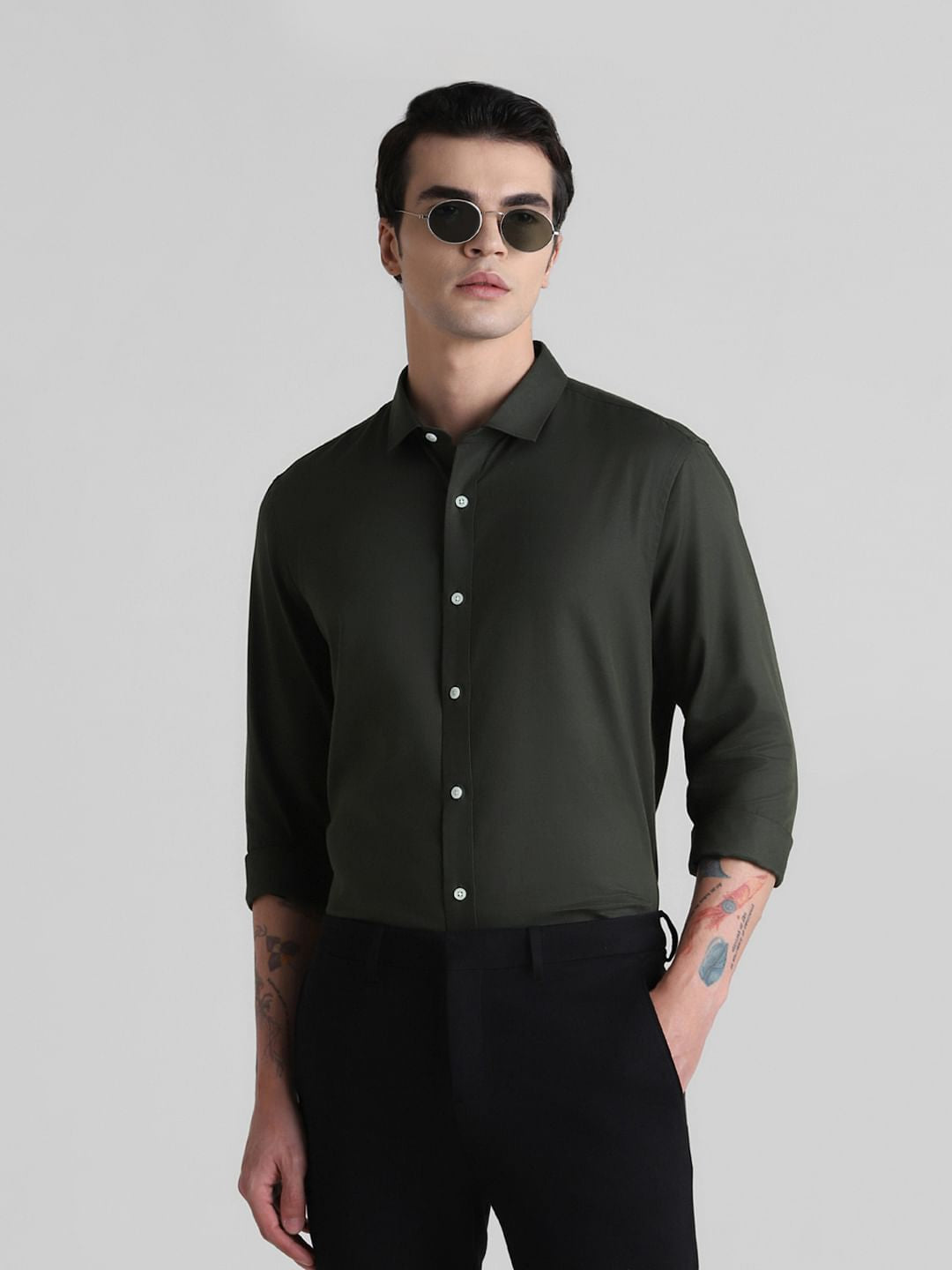 Olive Full Sleeves Solid Shirt - S