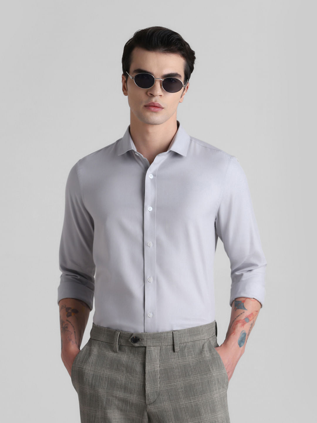 Grey Full Sleeves Solid Shirt - S