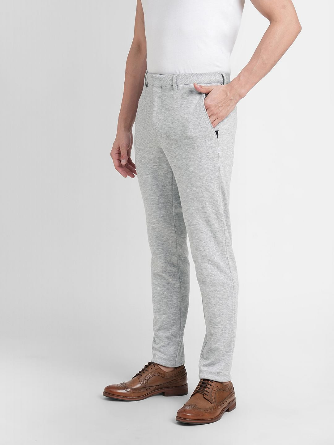 Grey Mid Rise Slim Fit Trousers