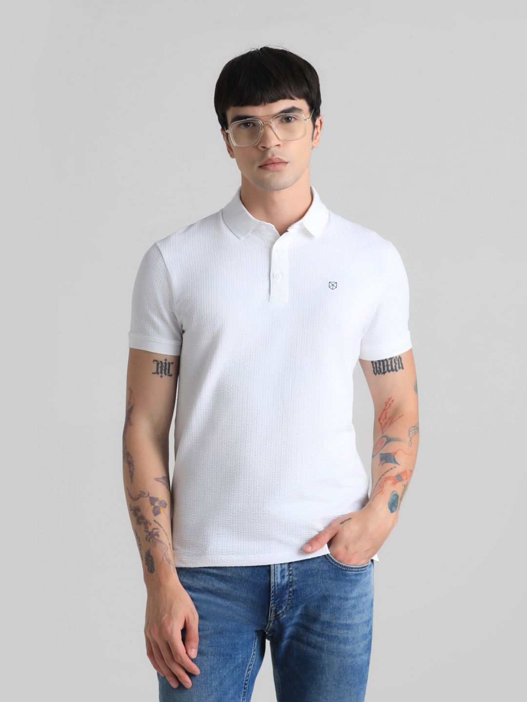 White Ribbed Sleeve Polo T-shirt - S