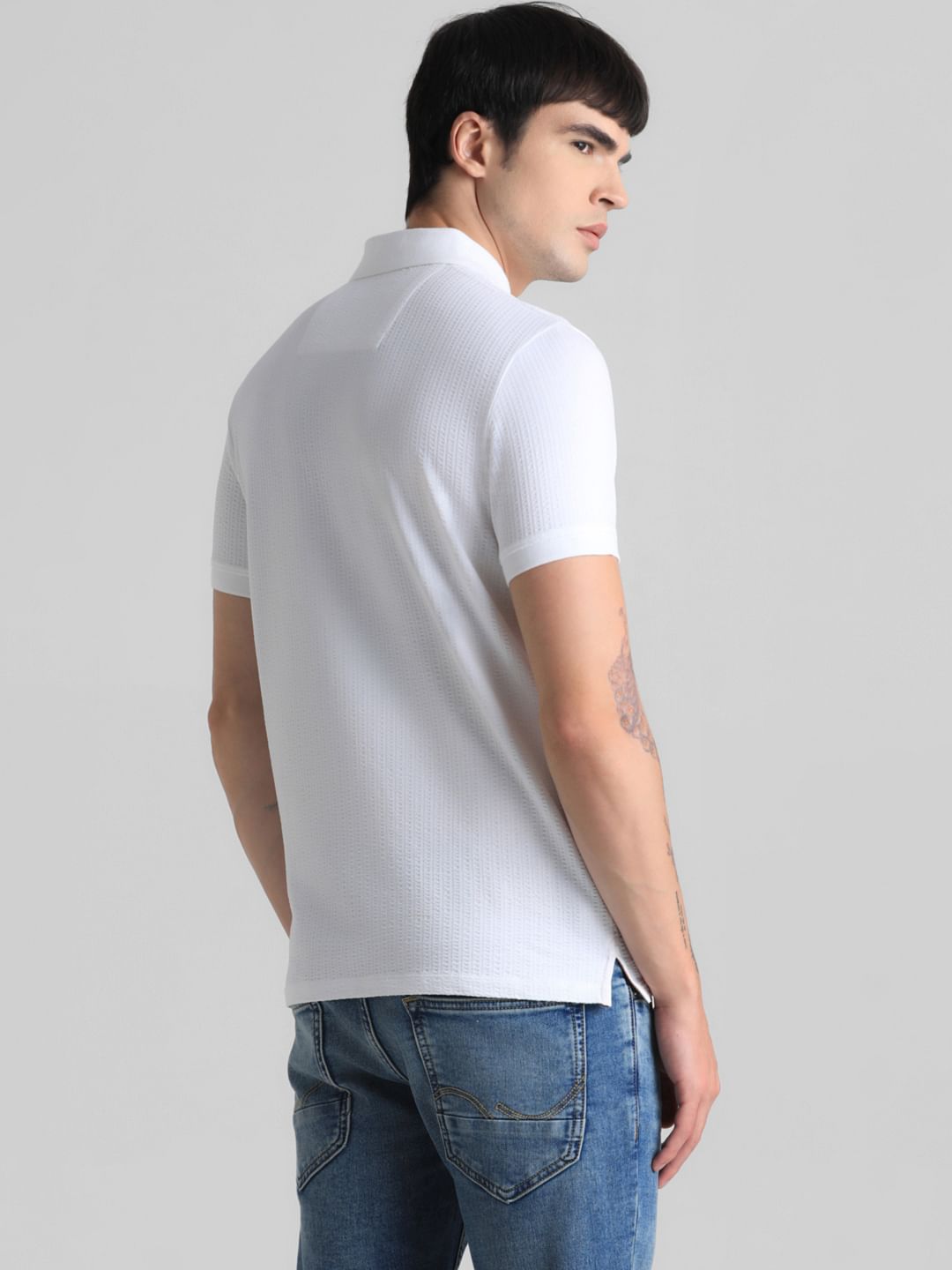White Ribbed Sleeve Polo T-shirt