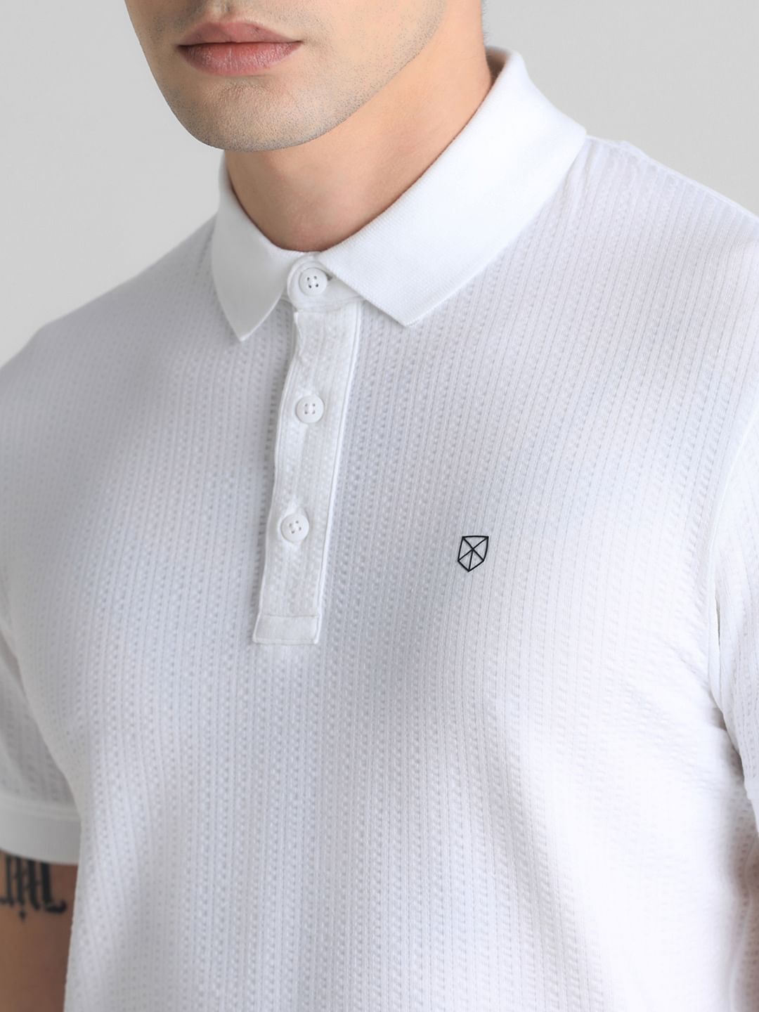 White Ribbed Sleeve Polo T-shirt