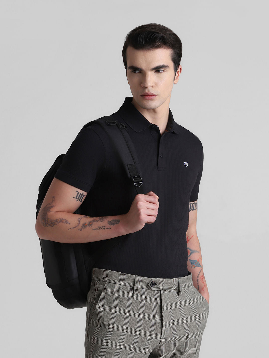 Black Ribbed Sleeve Polo T-shirt - S