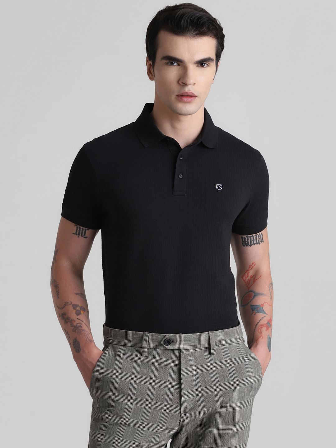 Black Ribbed Sleeve Polo T-shirt