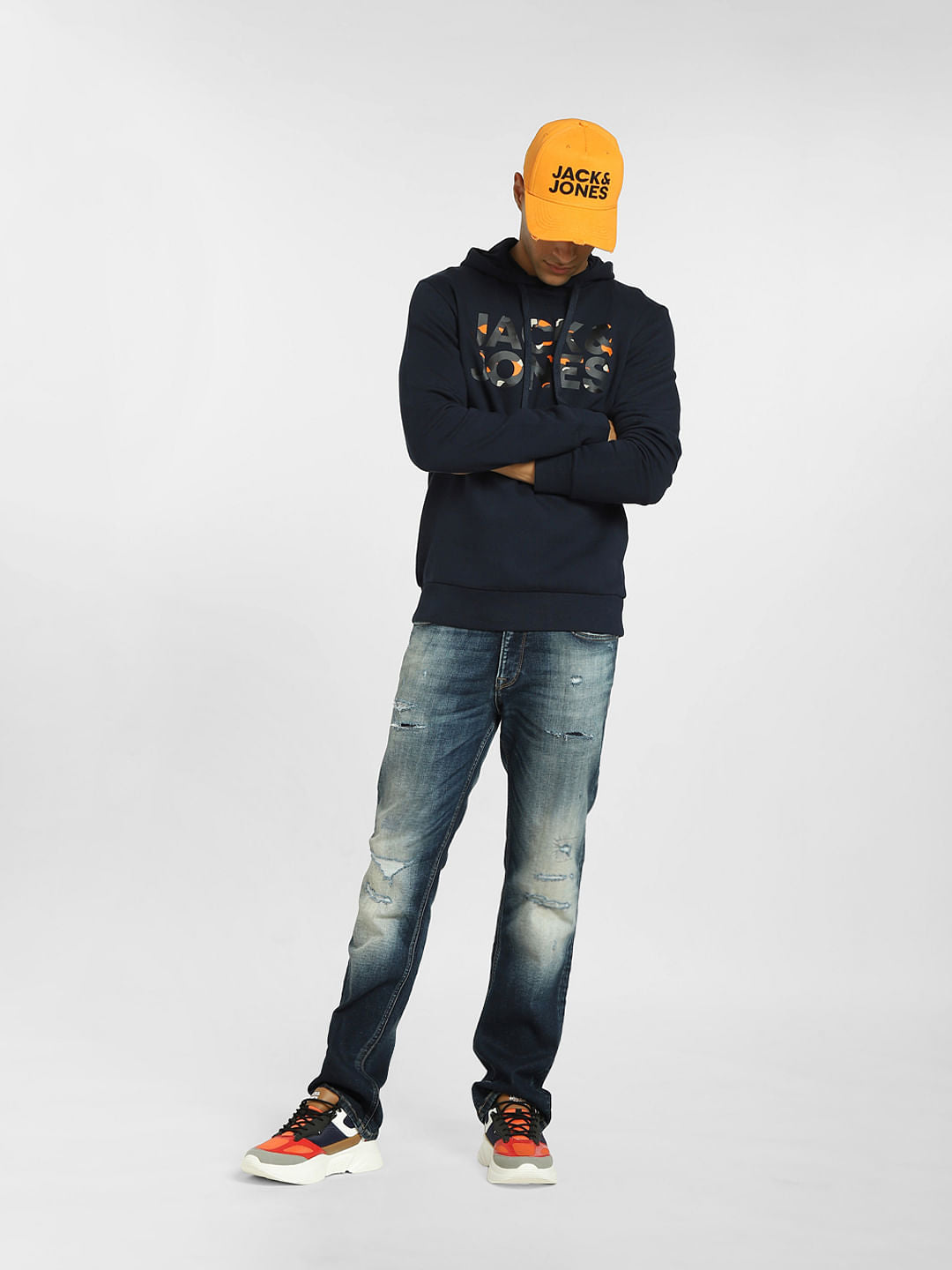 Navy Blue Logo Print Hooded Sweatshirt - S