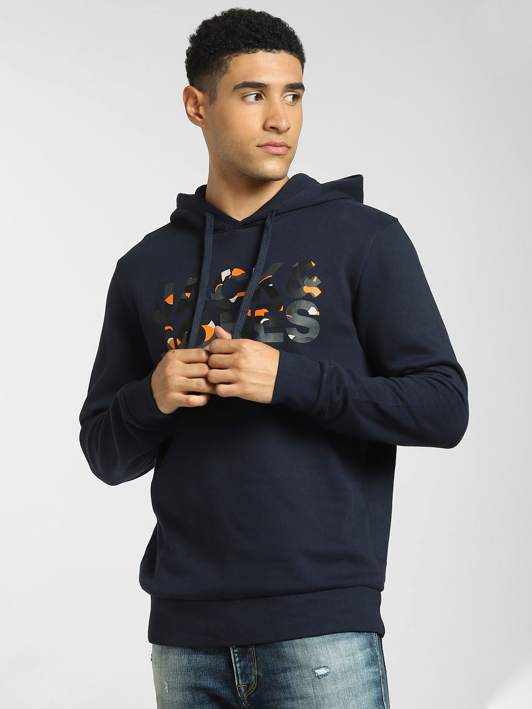 Navy Blue Logo Print Hooded Sweatshirt