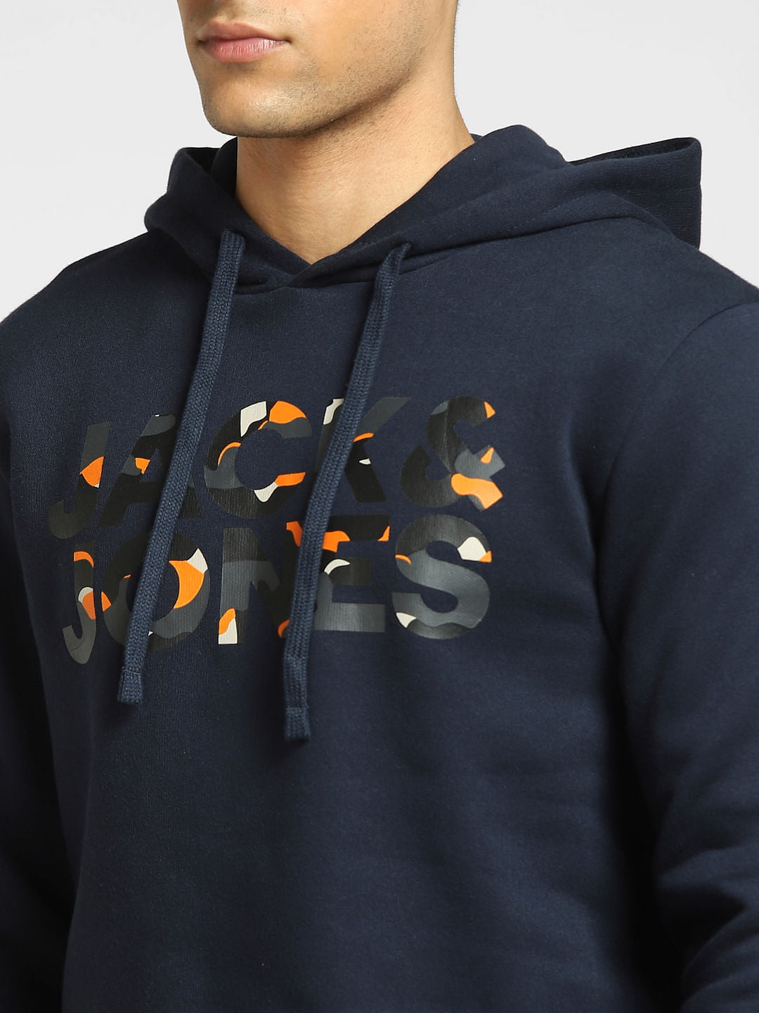 Navy Blue Logo Print Hooded Sweatshirt