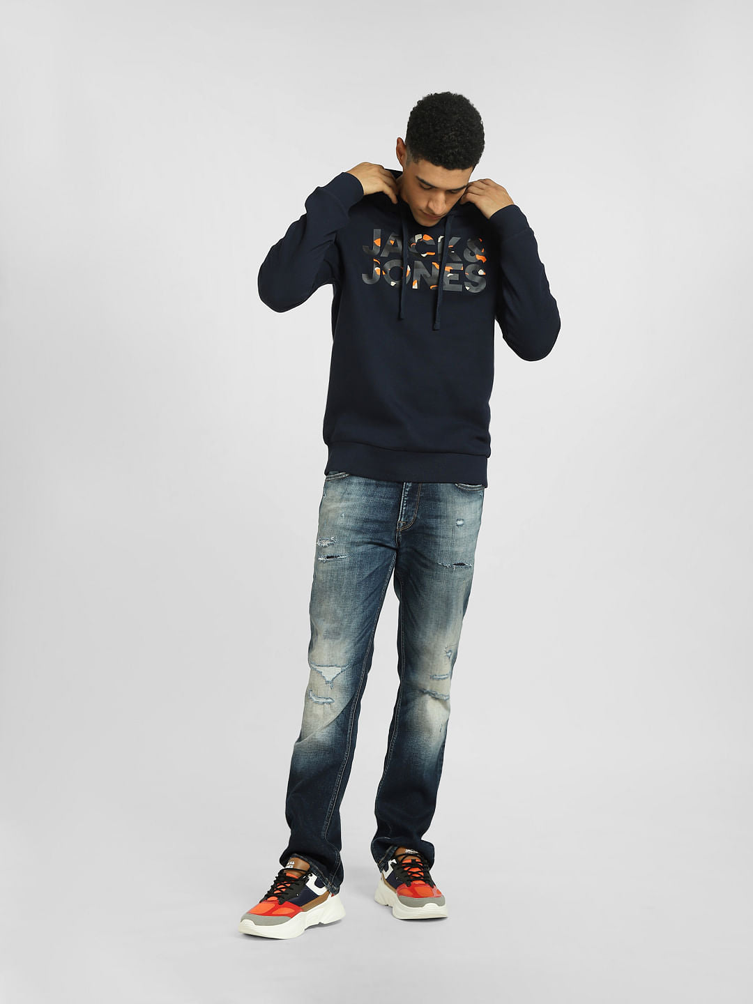 Navy Blue Logo Print Hooded Sweatshirt