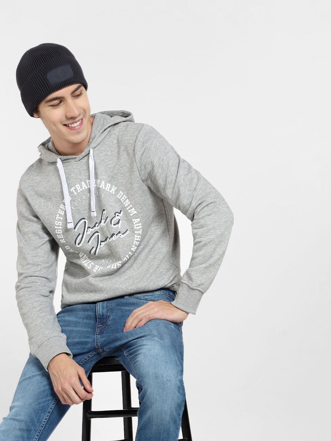 Grey Logo Print Hooded Sweatshirt - S