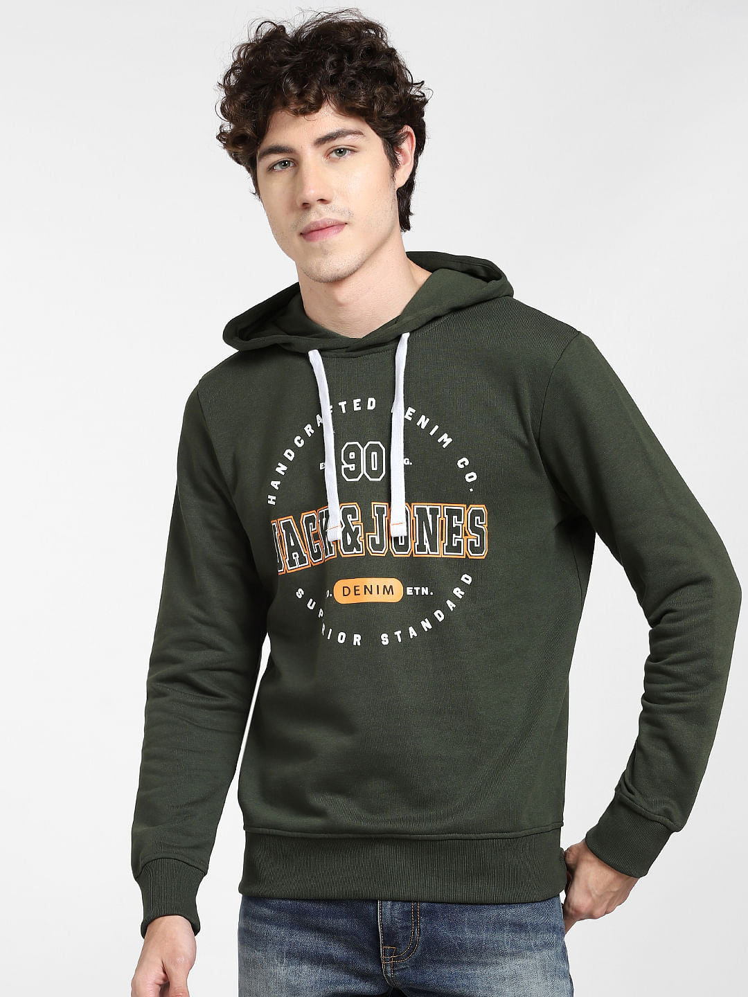 Dark Green Logo Print Hooded Sweatshirt