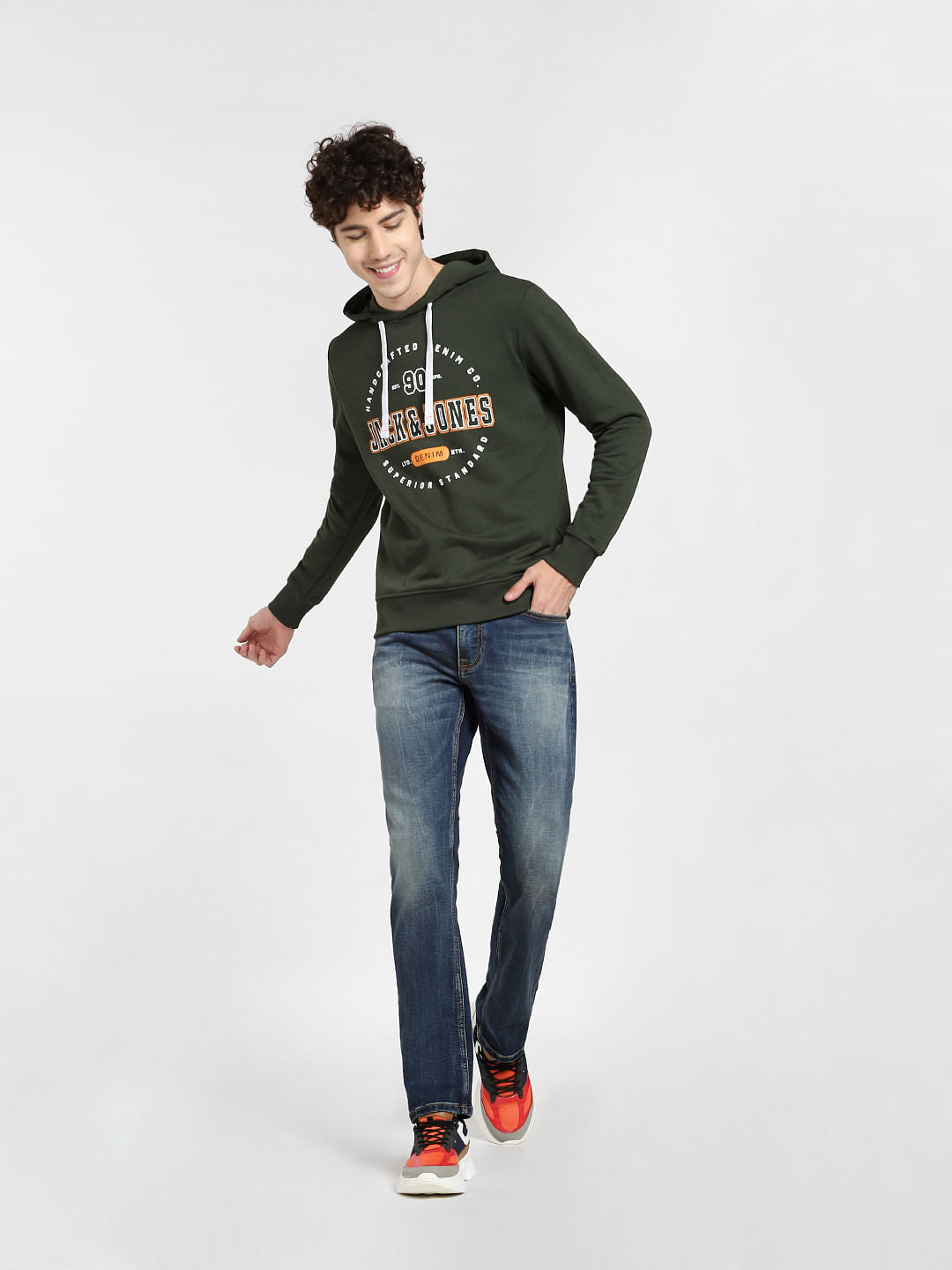 Dark Green Logo Print Hooded Sweatshirt