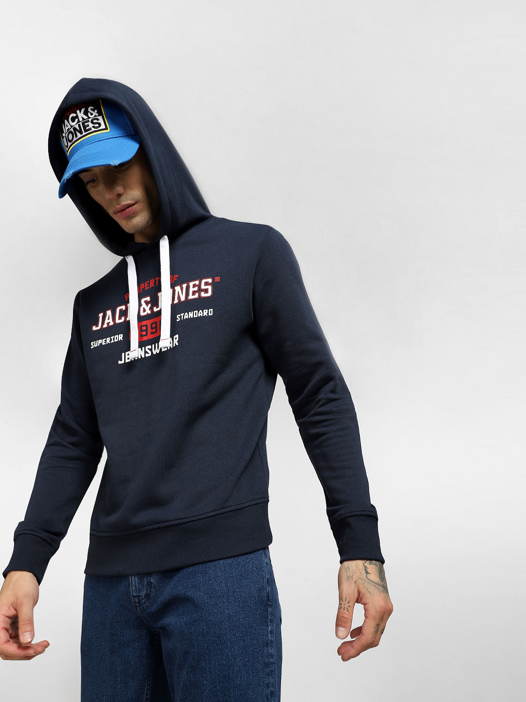 Navy Blue Logo Print Hooded Sweatshirt - S